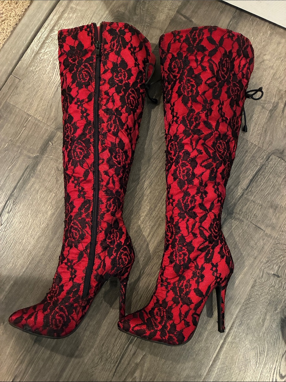 Frederick's of Hollywood Red and Black Lace Heeled Boots 6
